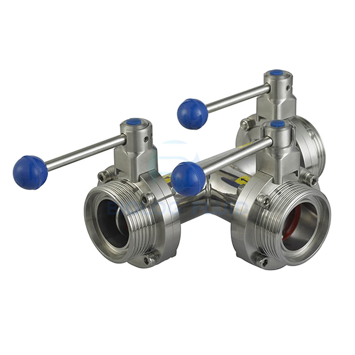 Stainless steel food processing manual type threading 3 way butterfly valve